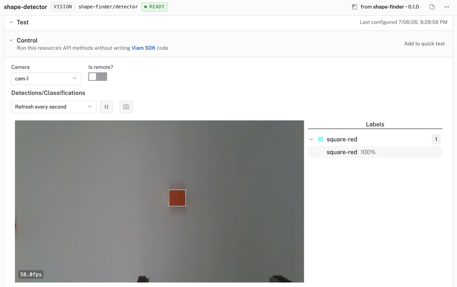 The shape-detector vision card showing a detected block with a bounding box and label.